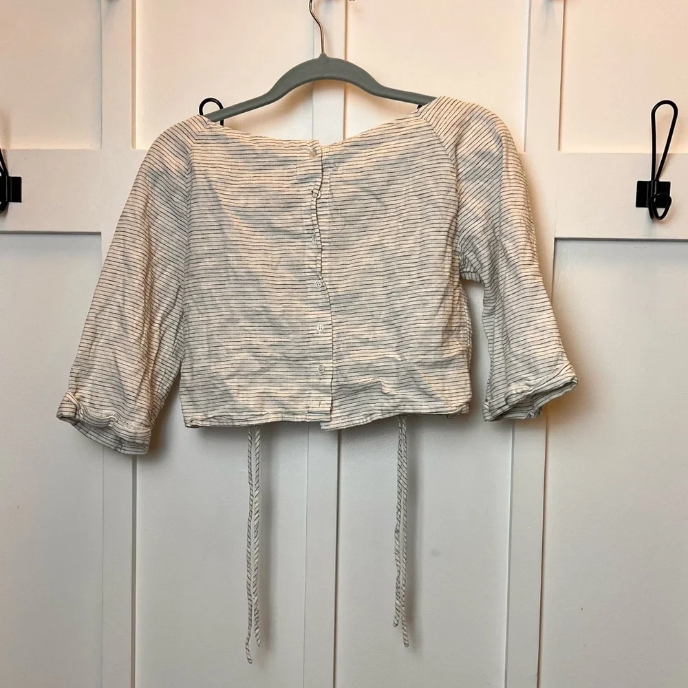 Zara Basic Crop Top Shirt Stripe 3/4 Length Sleeve Rouching Medium Coastal Boho